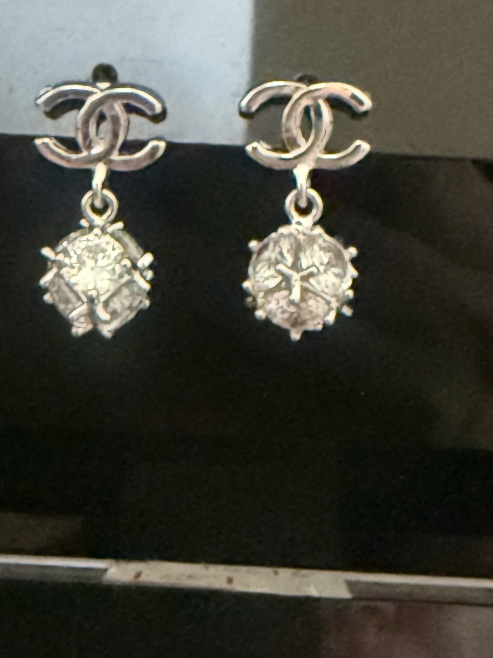 Silver tone CC Drop pierced Earrings with Medallion Charm